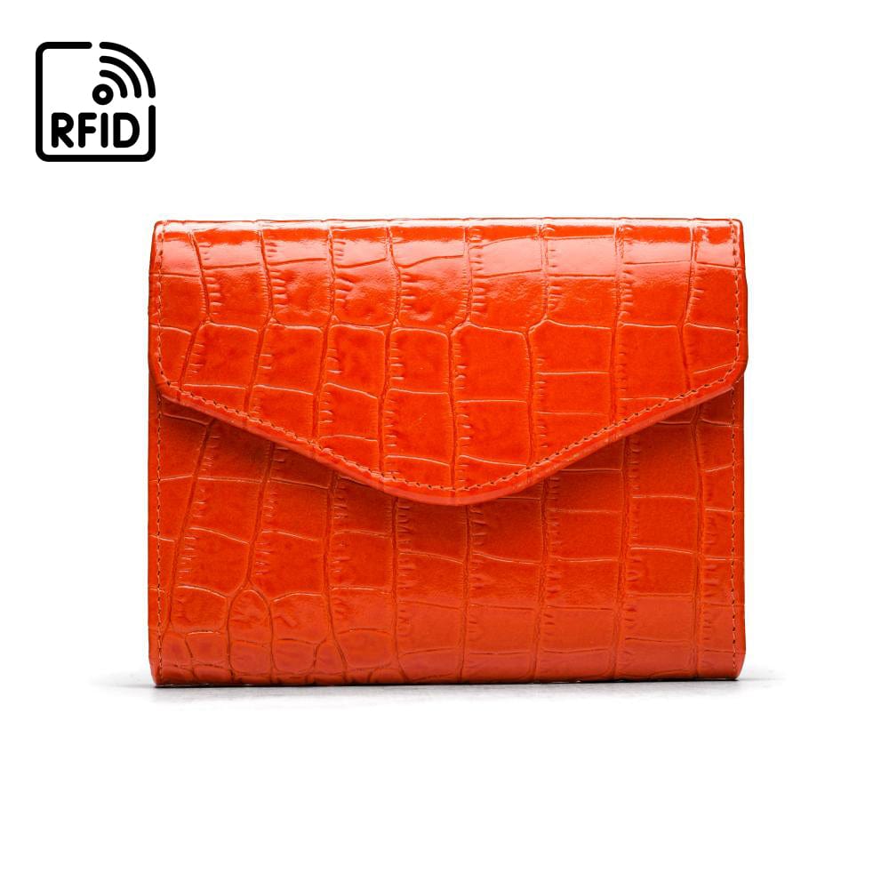 RFID Large leather purse with 15 CC, orange croc, front