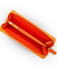 Tall leather zip around accordion purse, orange croc, inside