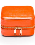 Leather travel jewellery case with zip, orange croc, front