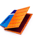 Leather Bifold Travel Card Wallet - Orange Croc Effect With Red