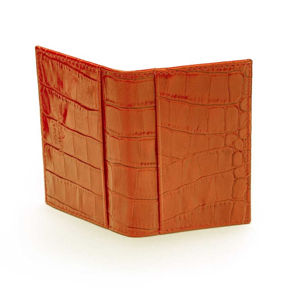 Leather bifold travel card wallet, orange croc, back