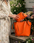 Leather tote bag, orange, lifestyle