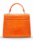 Leather Catherine top handle bag, orange patent croc, back