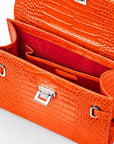 Leather Catherine top handle bag, orange patent croc, inside