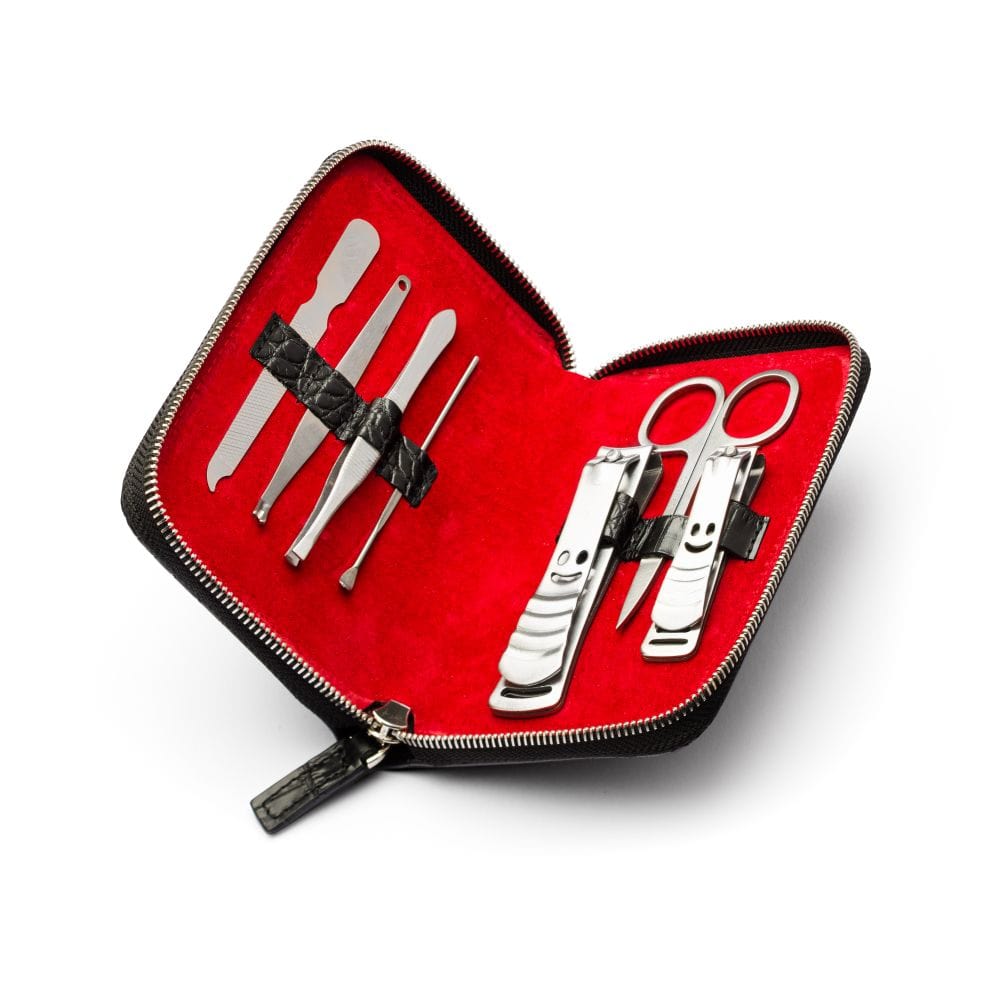 Leather zip around 7 piece manicure set, black croc, inside