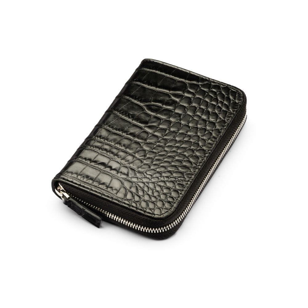 Leather zip around 7 piece manicure set, black croc, front