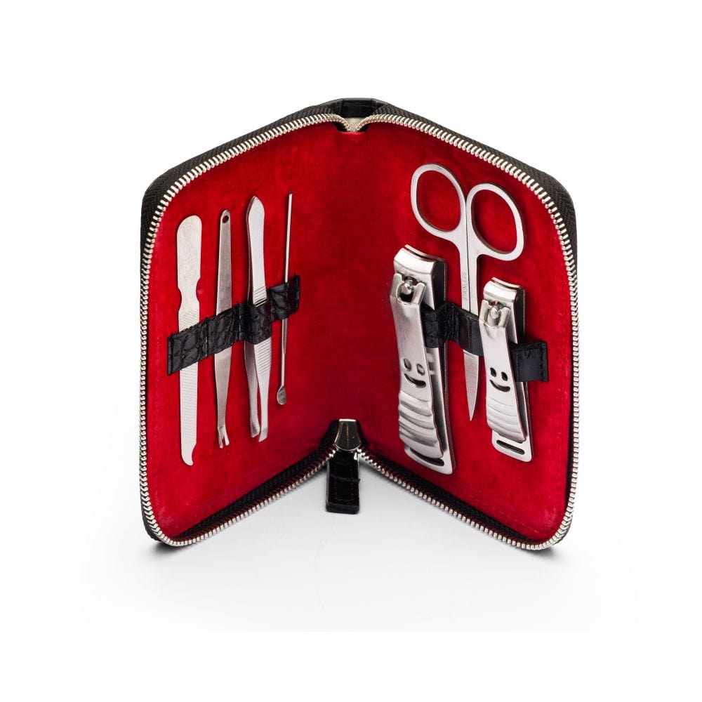 Leather zip around 7 piece manicure set, black croc, open