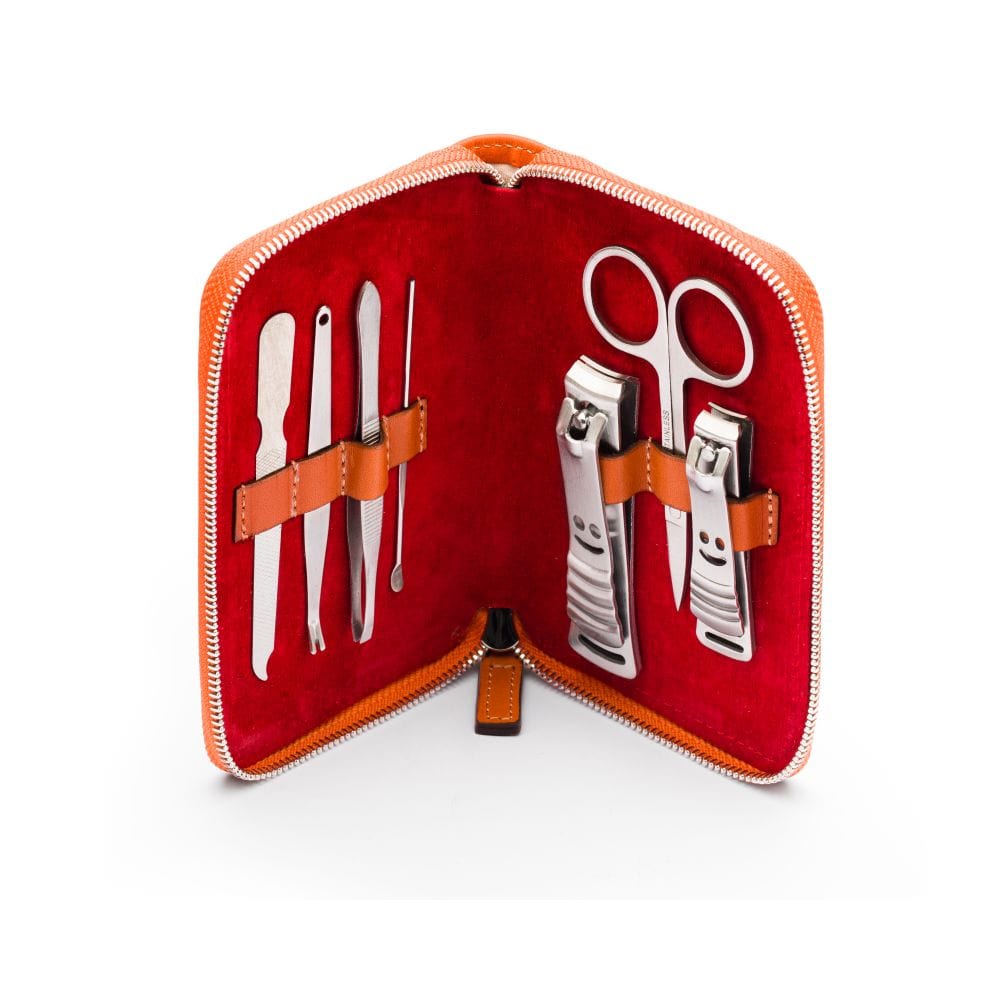 Leather zip around 7 piece manicure set, orange, open