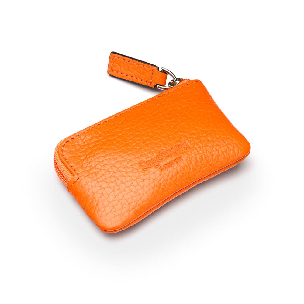 Miniature leather coin purse with key chain, orange, back
