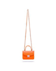 Small ostrich leather top handle bag, orange ostrich, with long chain strap