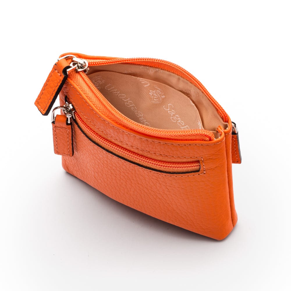 RFID Small leather zip coin pouch, orange pebble grain, inside