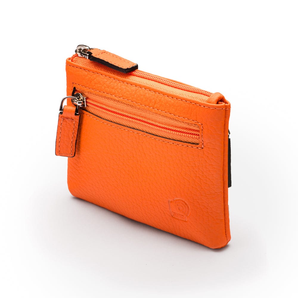 RFID Small leather zip coin pouch, orange pebble grain, back side