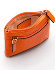 RFID Small leather zip coin pouch, orange pebble grain, open