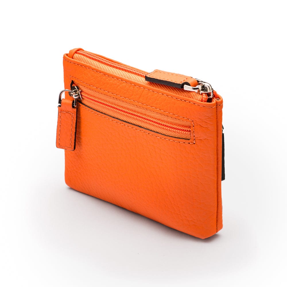 RFID Small leather zip coin pouch, orange pebble grain, front side