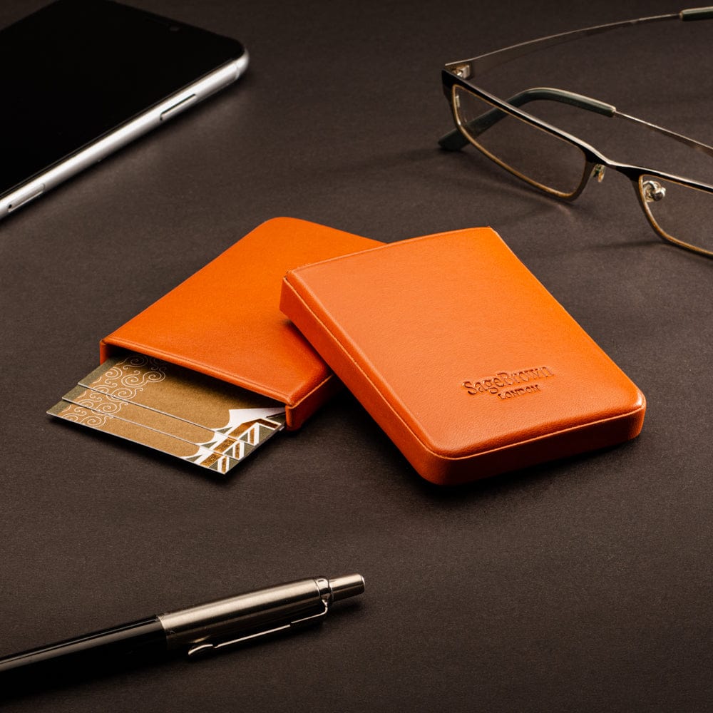 Pull apart business card holder, orange, lifestyle