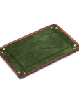 Rectangular leather valet tray, dark tan with green, flat