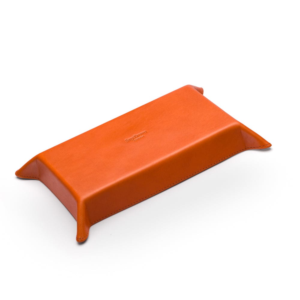 Rectangular leather valet tray, orange with red, base