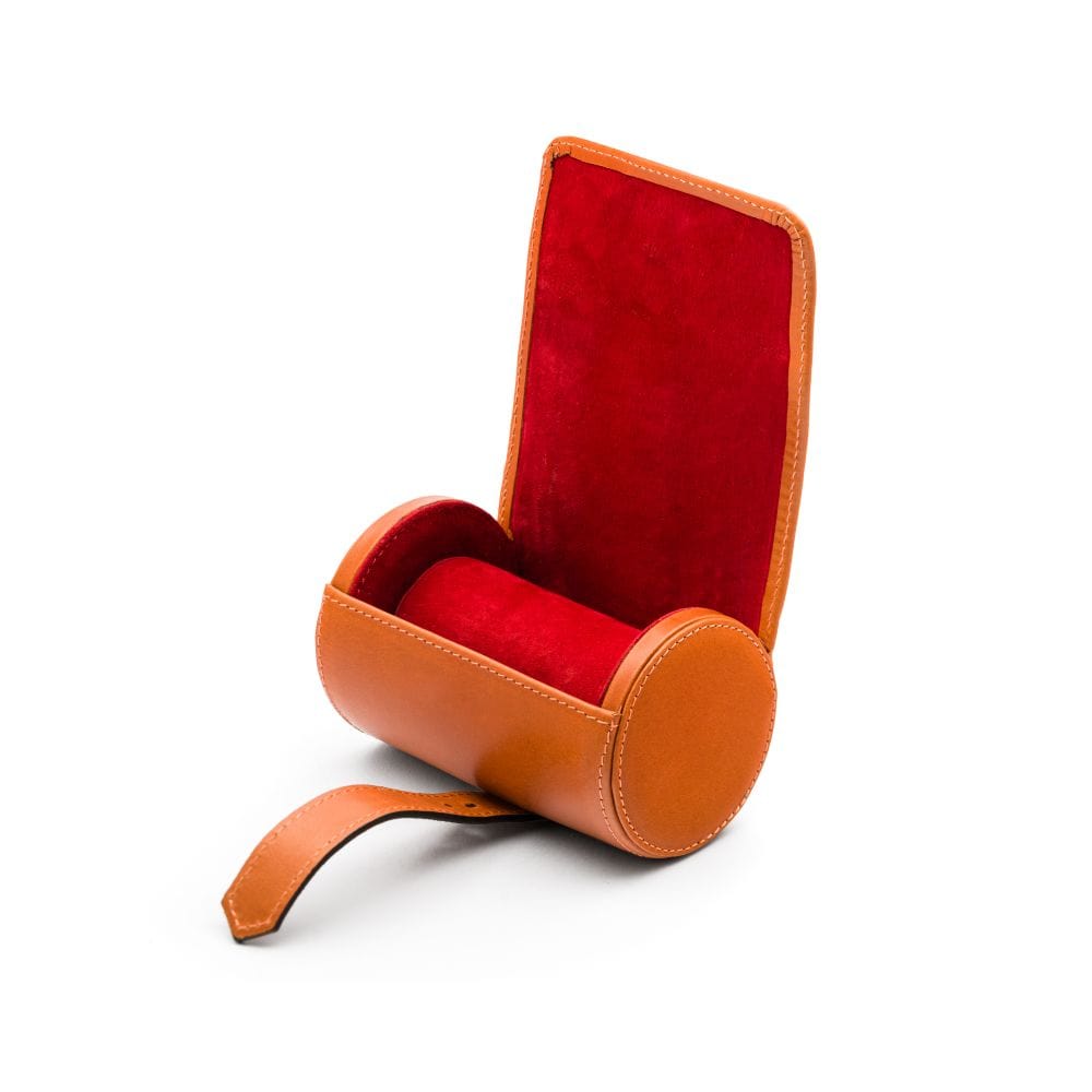 Small leather watch roll, orange. open