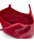 Woven leather shoulder bag, oxblood red, open