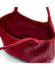 Woven leather shoulder bag, oxblood red, open