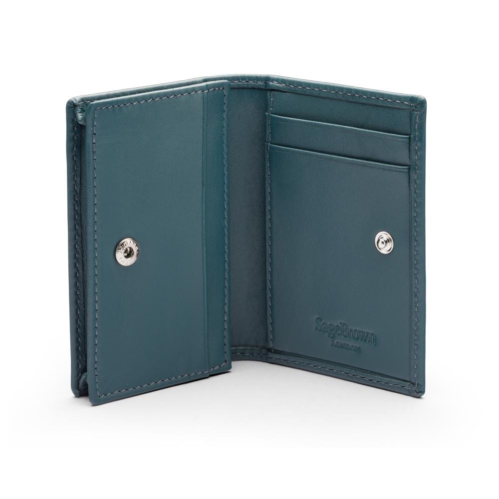 Expandable leather business card holder with stud, petrol blue, open