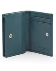 Expandable leather business card holder with stud, petrol blue, open