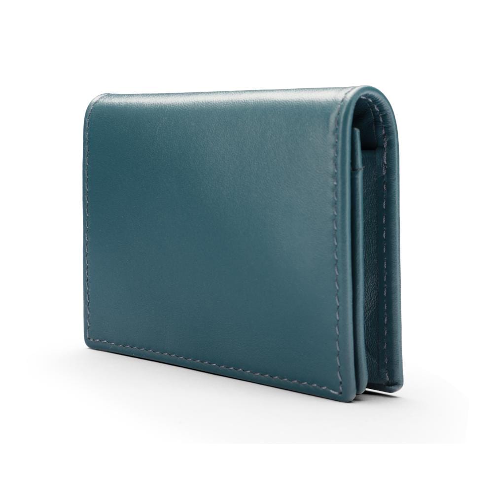Expandable leather business card holder with stud, petrol blue, side