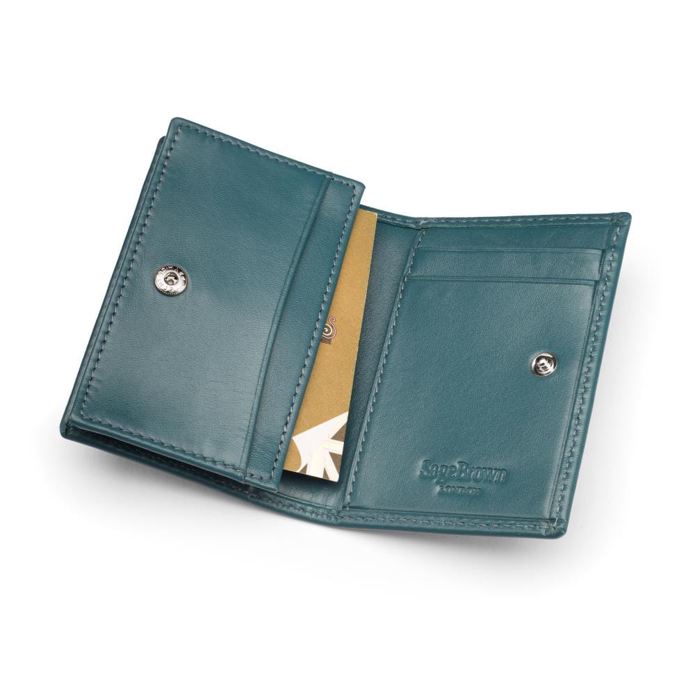 Expandable leather business card holder with stud, petrol blue, inside