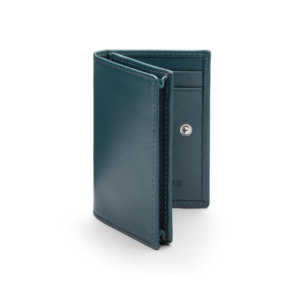 Expandable leather business card holder with stud, petrol blue, front