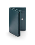 Expandable leather business card holder with stud, petrol blue, front