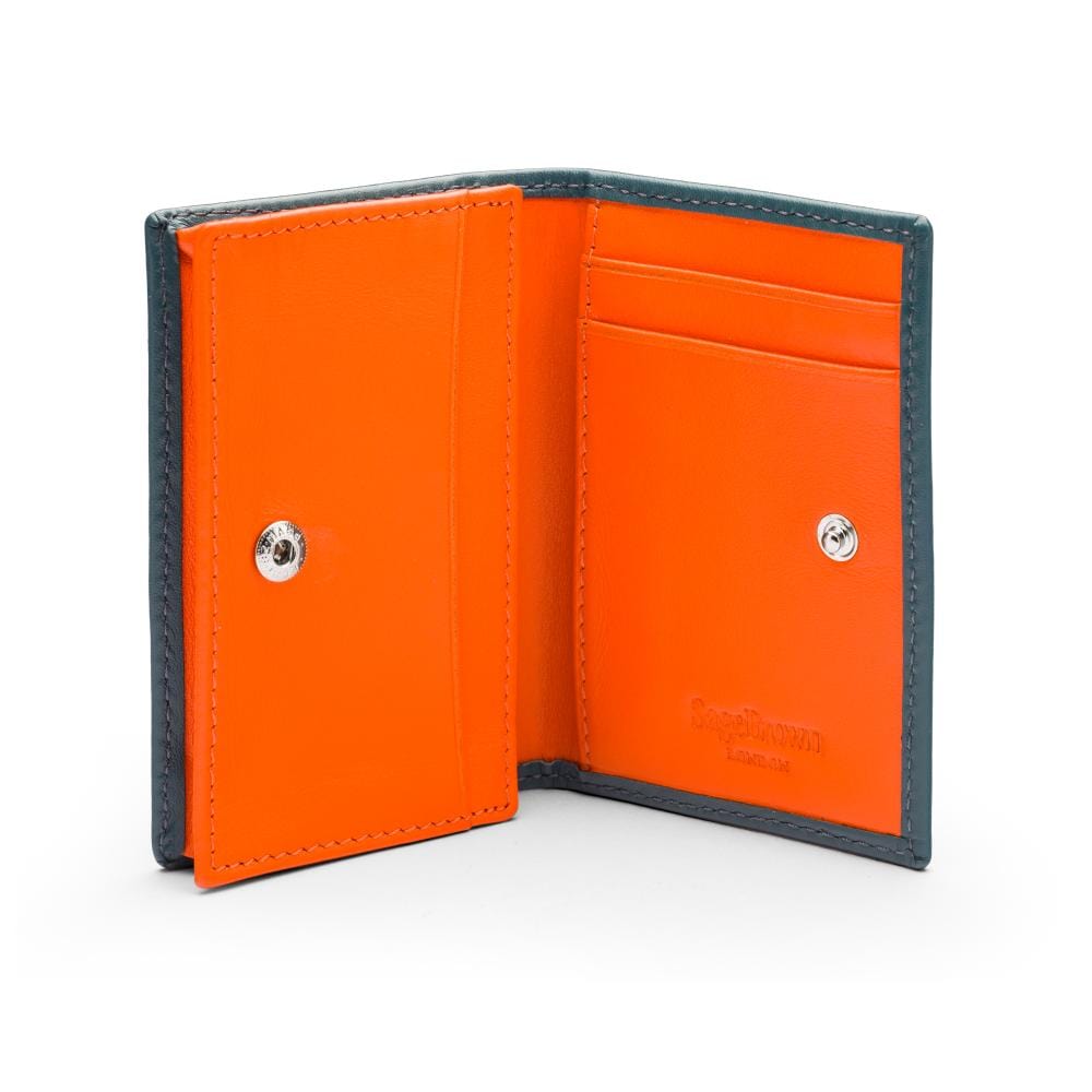 Expandable leather business card holder, petrol blue with orange, open