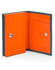Expandable leather business card holder, petrol blue with orange, open