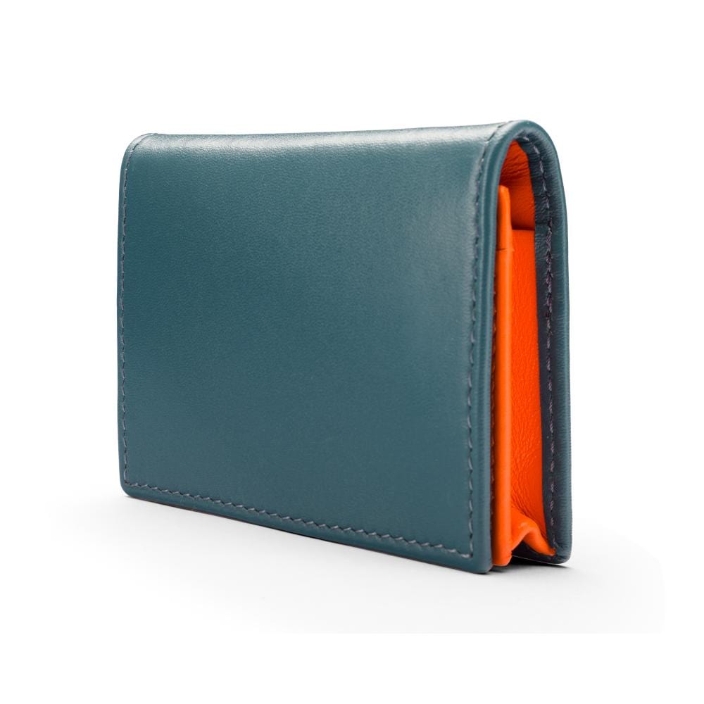 Expandable leather business card holder, petrol blue with orange, side