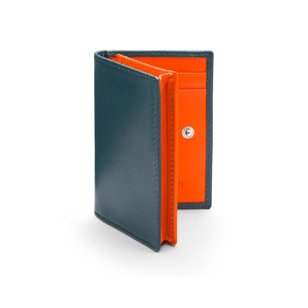 Expandable leather business card holder, petrol blue with orange, front