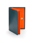 Expandable leather business card holder, petrol blue with orange, front