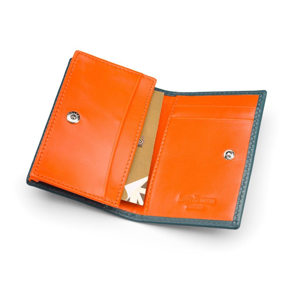 Expandable leather business card holder, petrol blue with orange, inside