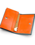 Expandable leather business card holder, petrol blue with orange, inside
