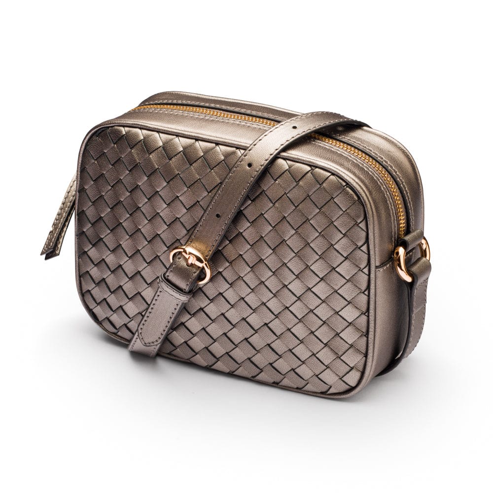 Ivy woven camera bag, pewter, front