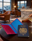 Luxury leather passport cover, pink croc, lifestyle