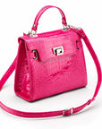 Leather Mini Catherine top handle bag, pink patent croc, with shoulder strap