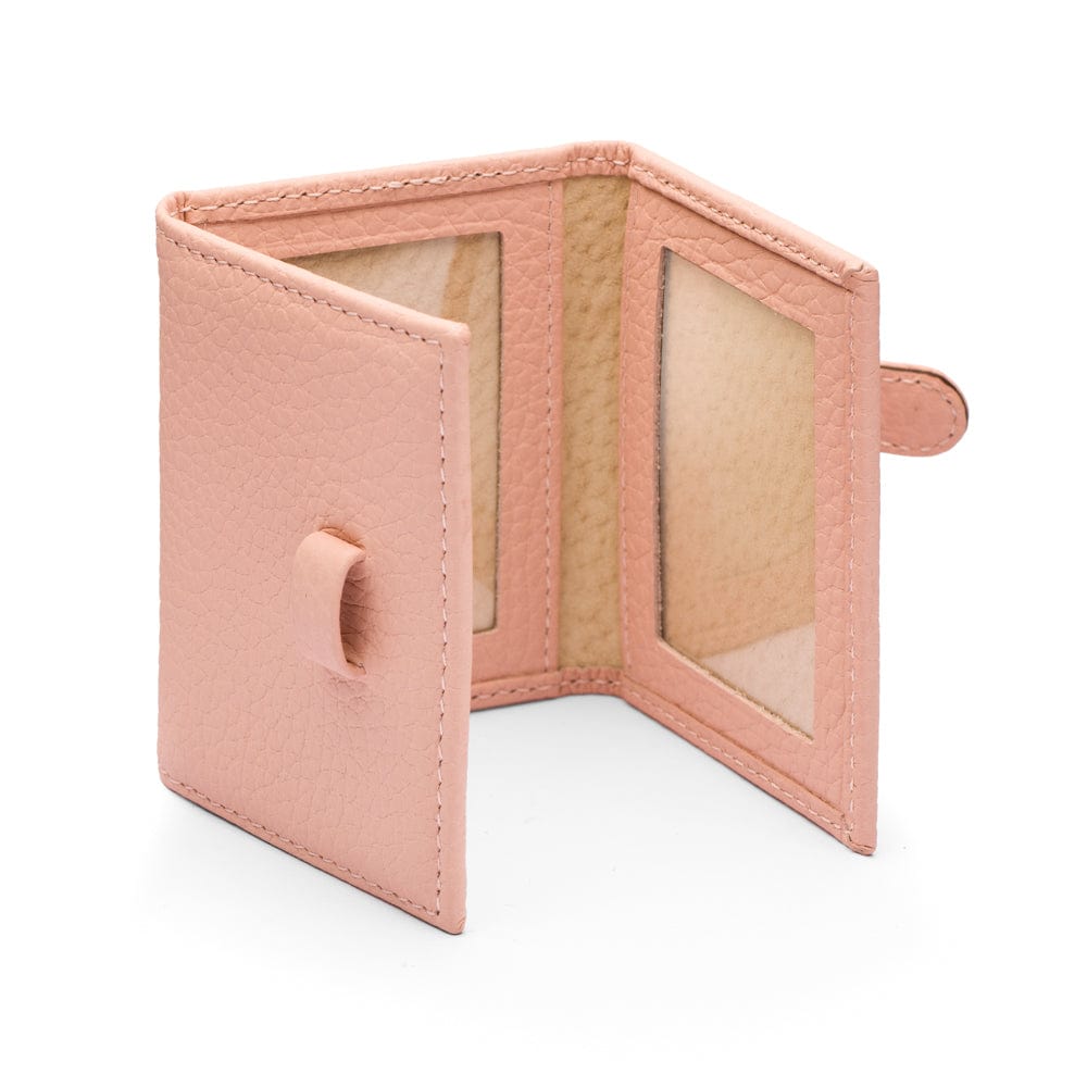 Mini leather trifold photo frame, pink, 60 x 40mm, open