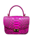 Small real python top handle bag, pink, front