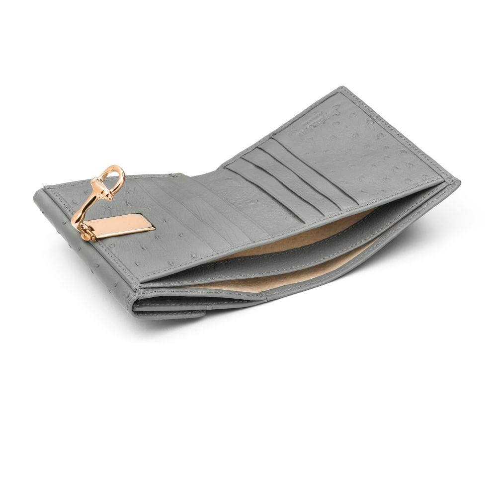 Ostrich leather purse with equestrain clasp, grey ostrich, inside