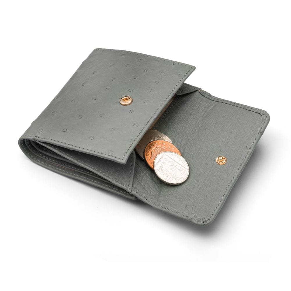 Ostrich leather purse with equestrain clasp, grey ostrich, coin purse