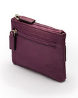 RFID Small leather zip coin pouch, purple pebble grain, back side