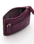 RFID Small leather zip coin pouch, purple pebble grain, open