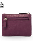 RFID Small leather zip coin pouch, purple pebble grain, front view