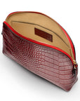 Leather cosmetic bag, red croc, open