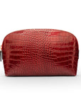 Leather cosmetic bag, red croc, front