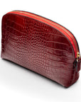 Leather cosmetic bag, red croc, front view